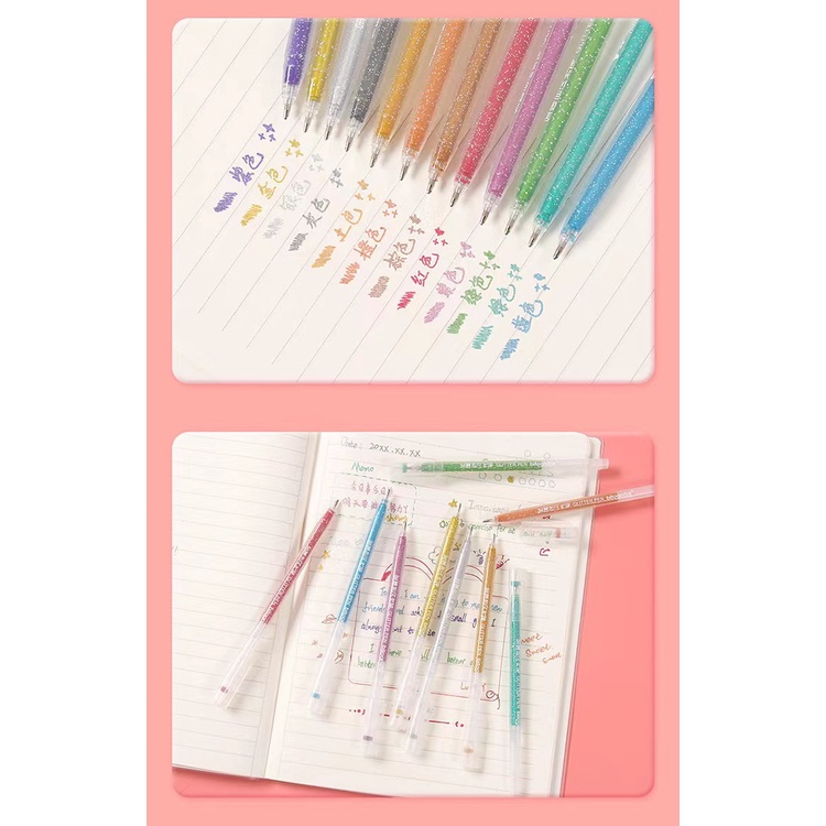 Set 12 Màu Bút bi nhũ kim tuyến BITOON với nét bút 1mm có óng ánh xinh xinh