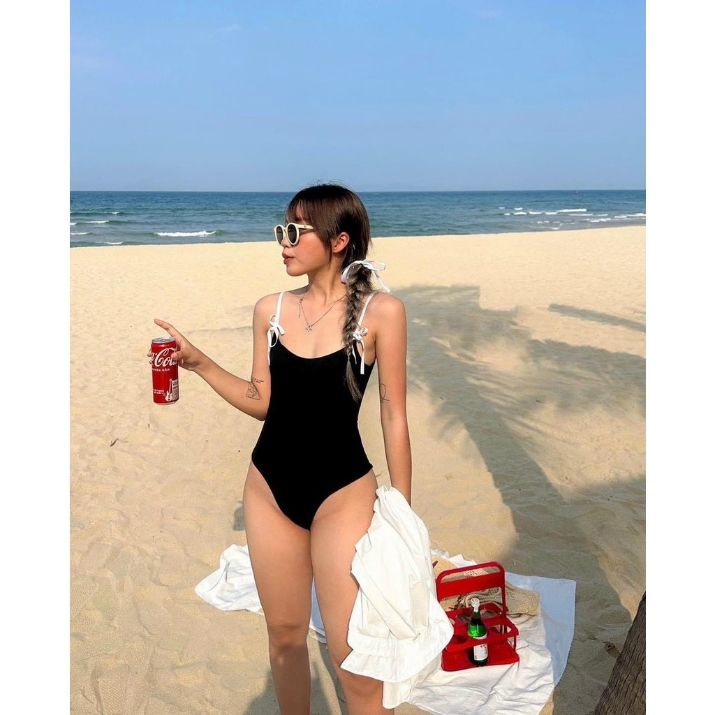 Bodysuit 1 Mảnh Liền Thân Hai Dây Cột Nơ Trắng Đen Sexy Quyến rũ Đi Biển Đi Chơi Thời Trang Nữ