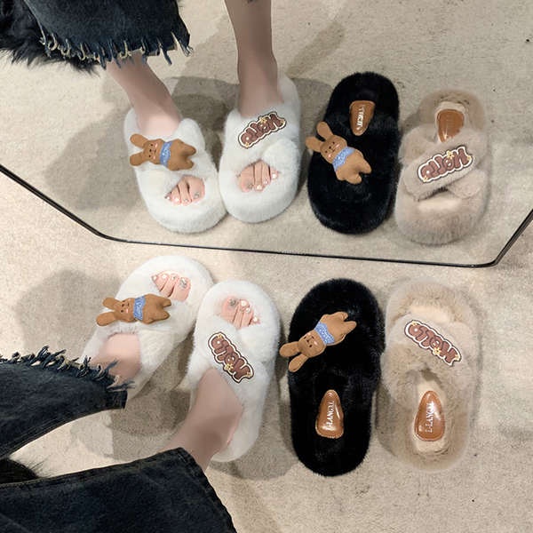 Dép Lông Thỏ Quai Chéo Dễ Thương Thời Trang Mùa Thu 2023