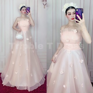 Đầm maxi cưới TRIPBLE T DRESS cúp xếp ly đính bông hoa mai ngọc - size S/M/L