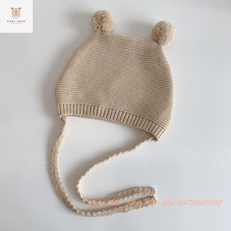 Mũ Len Hàn Quốc Cho Bé Trai Bé Gái Sơ Sinh Hình Tai Gấu Gắn Quả Bông Cực Đáng Yêu 0-2 tuổi