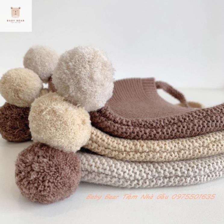 Mũ Len Hàn Quốc Cho Bé Trai Bé Gái Sơ Sinh Hình Tai Gấu Gắn Quả Bông Cực Đáng Yêu 0-2 tuổi