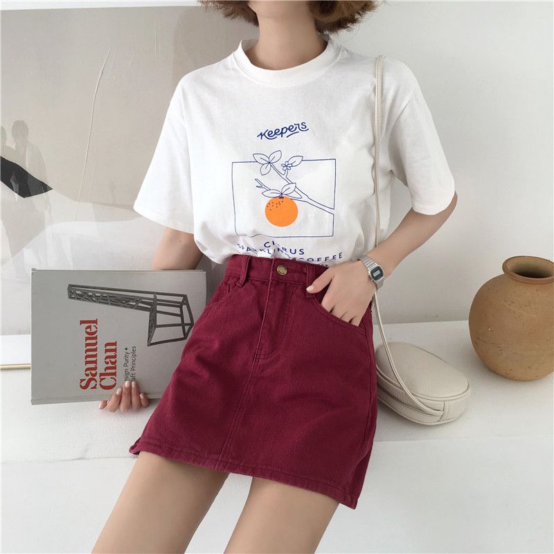 Chân Váy denim Lưng Cao Màu Đỏ Rượu Vang Phong Cách Hàn Quốc Thời Trang Mùa Hè Mới Cho Nữ