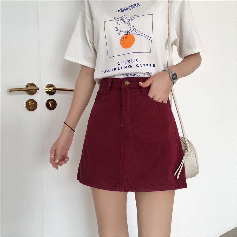 Chân Váy denim Lưng Cao Màu Đỏ Rượu Vang Phong Cách Hàn Quốc Thời Trang Mùa Hè Mới Cho Nữ