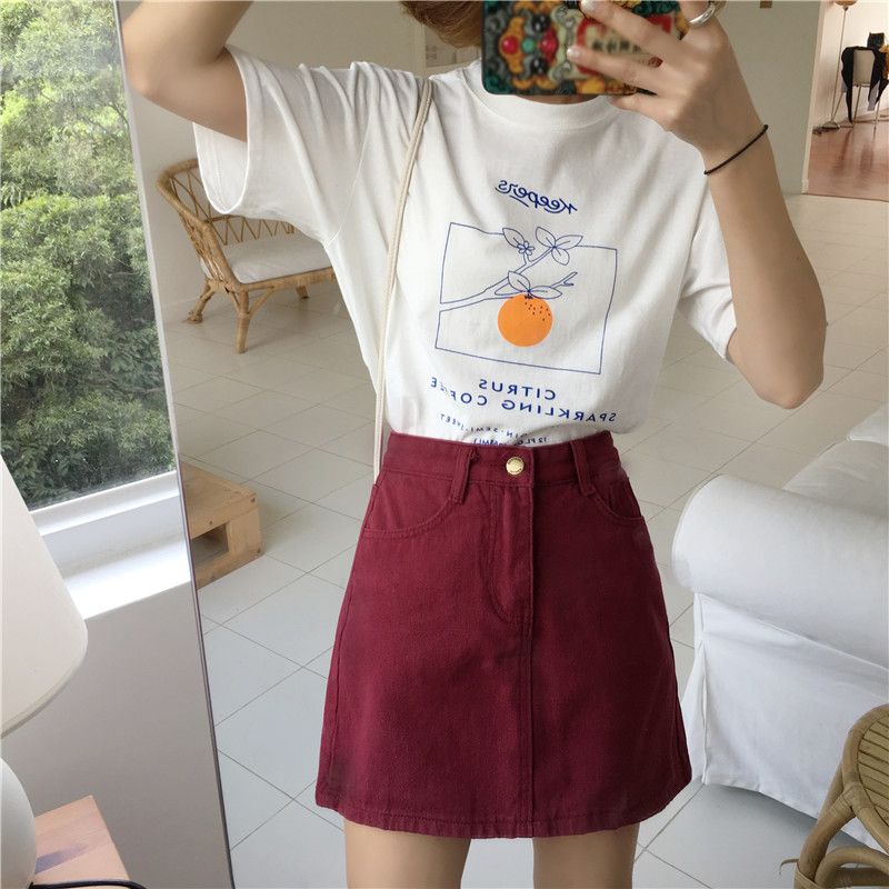 Chân Váy denim Lưng Cao Màu Đỏ Rượu Vang Phong Cách Hàn Quốc Thời Trang Mùa Hè Mới Cho Nữ