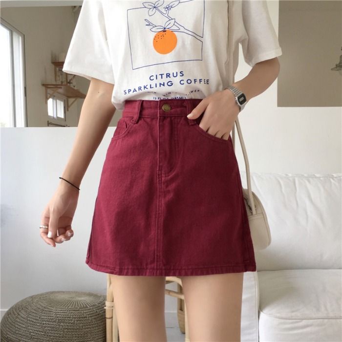 Chân Váy denim Lưng Cao Màu Đỏ Rượu Vang Phong Cách Hàn Quốc Thời Trang Mùa Hè Mới Cho Nữ