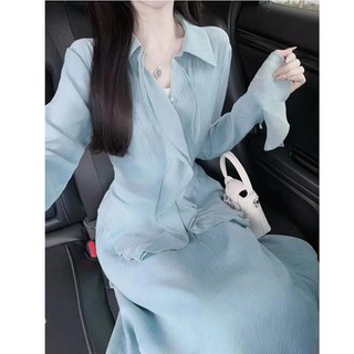 Set áo sơ mi phối bèo và chân váy phong cách pháp thời trang mùa thu cho nữ