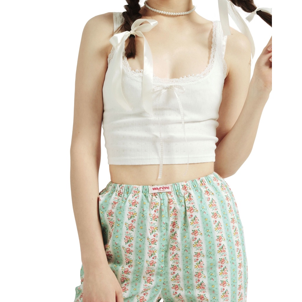 UNRÊVE ÁONHÍ Áo Croptop Ba Lỗ Trắng Viền Ren Short Tank Top Đồ Mặc Nhà Cotton Cao Cấp Đồ Ngủ Thời Trang