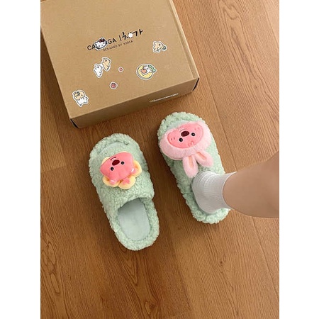 Dễ Thương Dép cotton Đi Trong Nhà Đế Dày Phối Lông Nhung Thời Trang Thu Đông Dành Cho Nữ