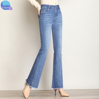 Quần Jeans Nữ LIQUITY Ống Loe Lưng Cao Cotton Co Giãn 4 Chiều Quần Bò Cạp Cao Ống Bass Lai Tua