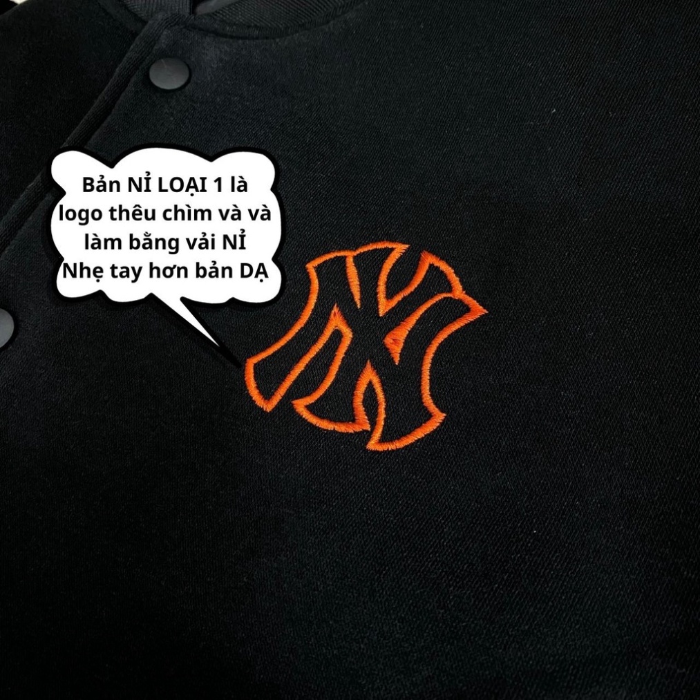 Áo khoác Bomber Varsity M.L.B Ny Thêu Logo Cam form rộng Phối Tay Da, áo khoác nam nữ mặc cực đẹp
