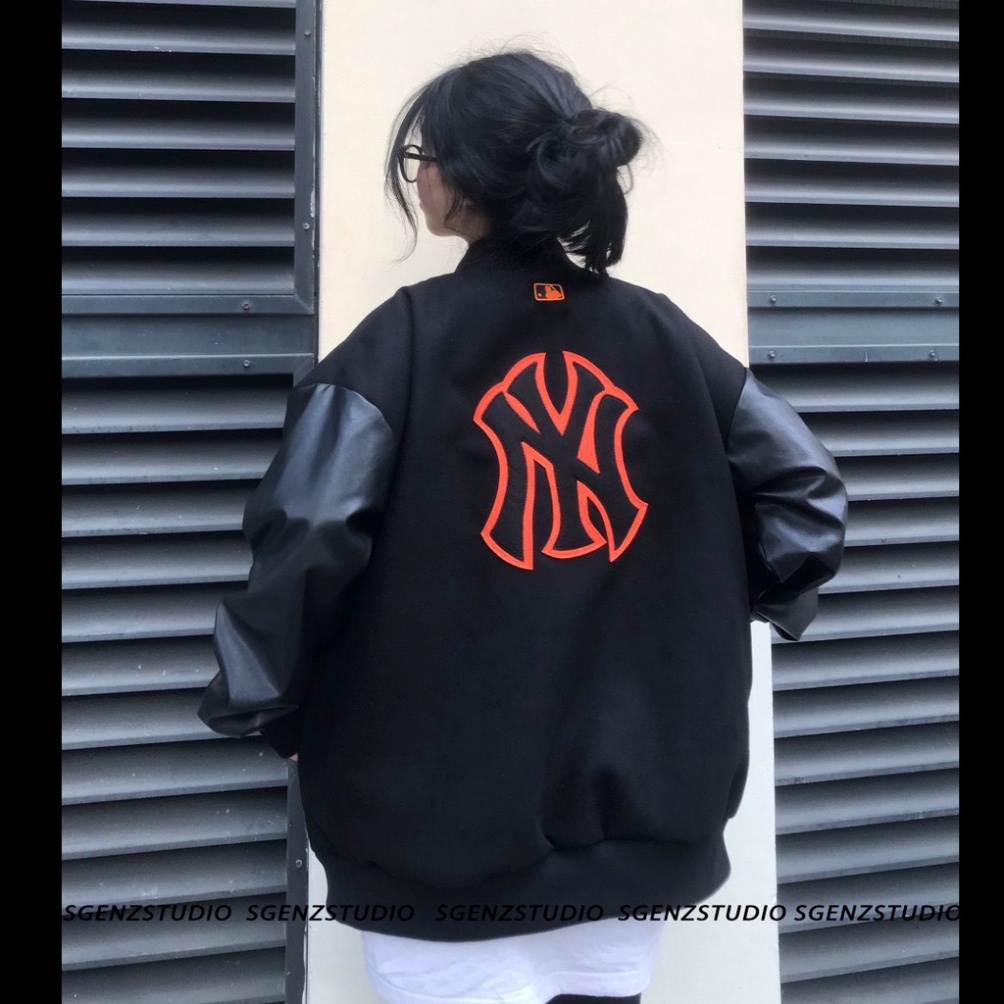 Áo khoác Bomber Varsity M.L.B Ny Thêu Logo Cam form rộng Phối Tay Da, áo khoác nam nữ mặc cực đẹp