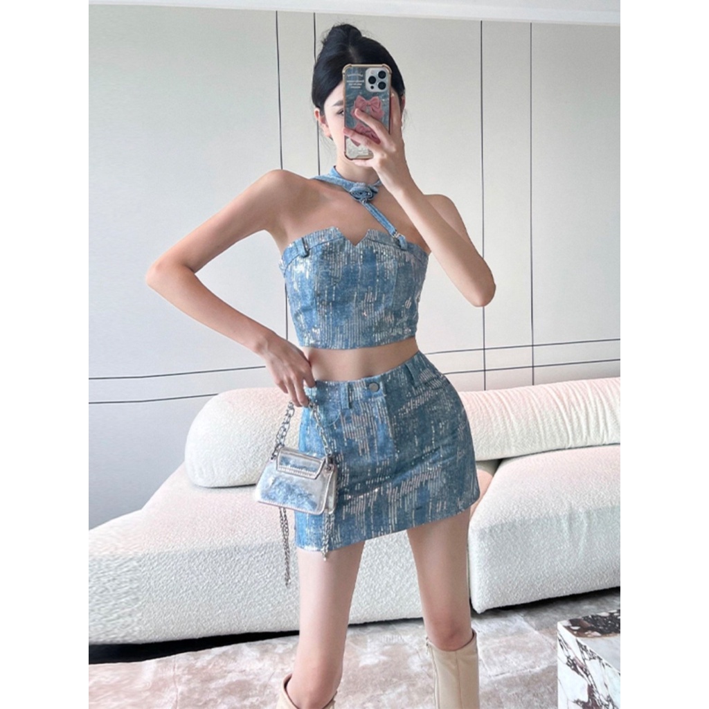 Set Áo Ống + Chân váy jean Đính Kim Sa Phong Cách Đường Phố Thời Trang Mùa Hè Cho Nữ