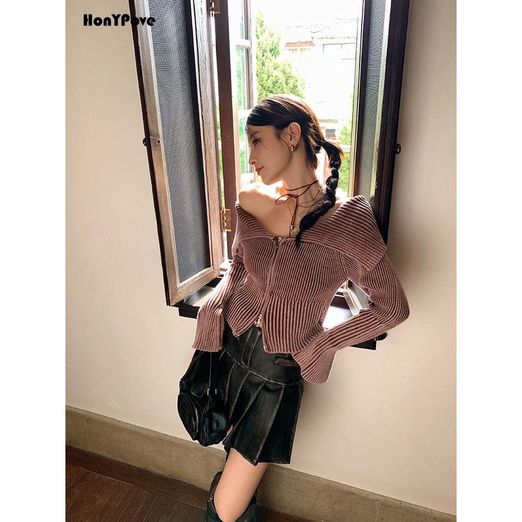 Honypove One Áo Khoác cardigan Len Dáng Ngắn Có Khóa Kéo Thời Trang Mùa Thu 2023 Cho Nữ