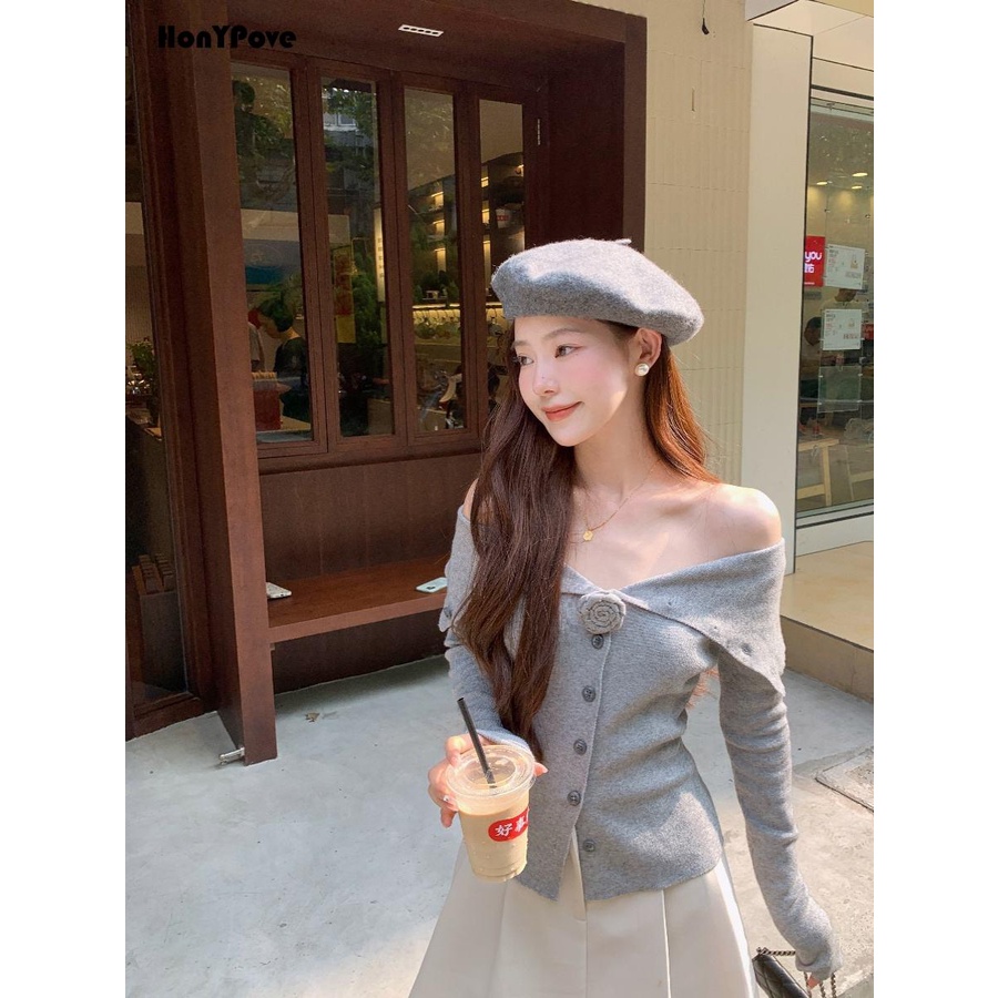 Honypove Áo cardigan Dệt Kim Trễ Vai Màu Xám Kiểu Dáng Trẻ Trung Thanh Lịch