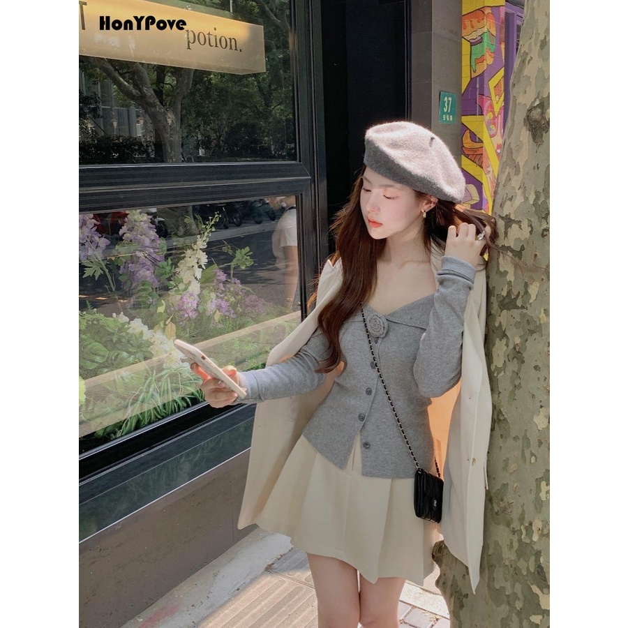 Honypove Áo cardigan Dệt Kim Trễ Vai Màu Xám Kiểu Dáng Trẻ Trung Thanh Lịch