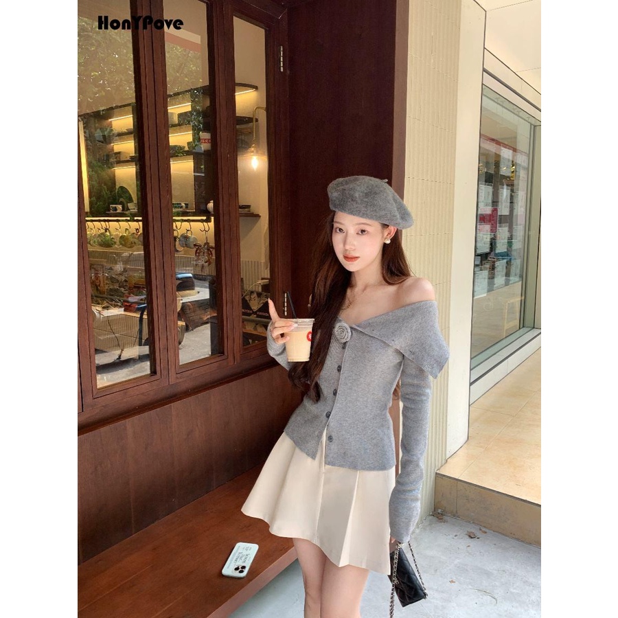 Honypove Áo cardigan Dệt Kim Trễ Vai Màu Xám Kiểu Dáng Trẻ Trung Thanh Lịch