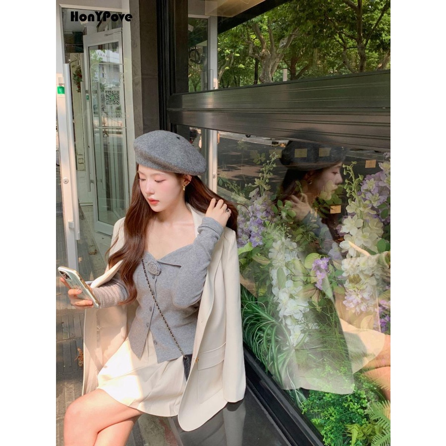 Honypove Áo cardigan Dệt Kim Trễ Vai Màu Xám Kiểu Dáng Trẻ Trung Thanh Lịch