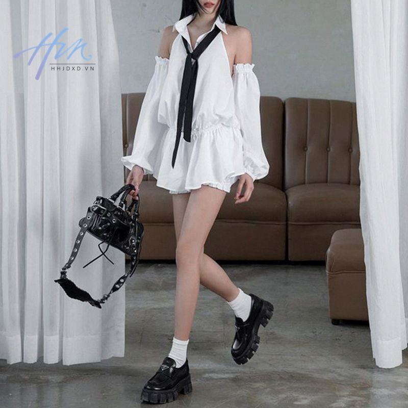 Đầm Sơ Mi Trễ Vai + Cà Vạt Tay Dài Phong Cách Pháp Thanh Lịch Dành Cho Nữ
