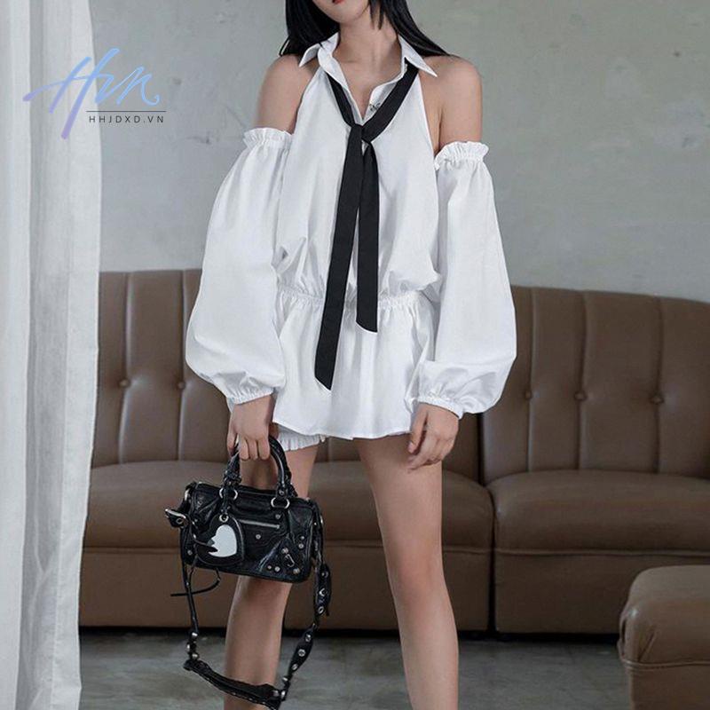 Đầm Sơ Mi Trễ Vai + Cà Vạt Tay Dài Phong Cách Pháp Thanh Lịch Dành Cho Nữ