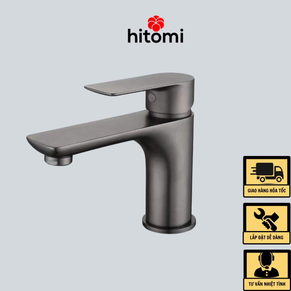 Vòi lavabo inox mạ titan xám nóng lạnh thân trụ cao cấp HITOMI