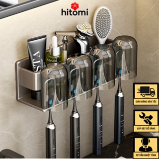 Giá treo bàn chải đánh răng kèm cốc dán tường nhôm cao cấp không gỉ kệ bàn chải đa năng HITOMI