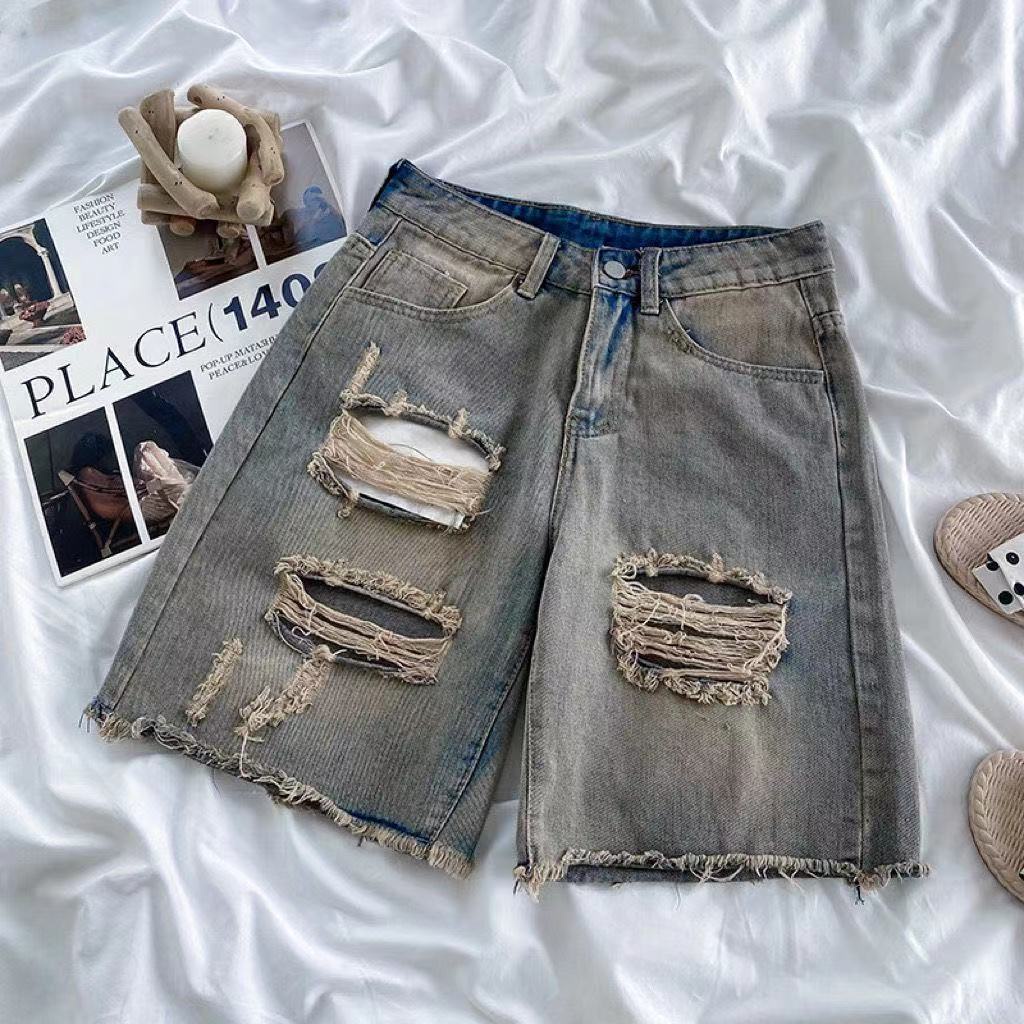 Jiashucheng Quần Short denim Cạp Cao Dáng Suông Rách Phong Cách hip hop Âu Mỹ Dễ Phối Đồ Cho Nam Và Nữ