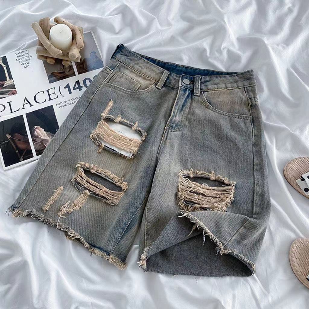 Jiashucheng Quần Short denim Cạp Cao Dáng Suông Rách Phong Cách hip hop Âu Mỹ Dễ Phối Đồ Cho Nam Và Nữ