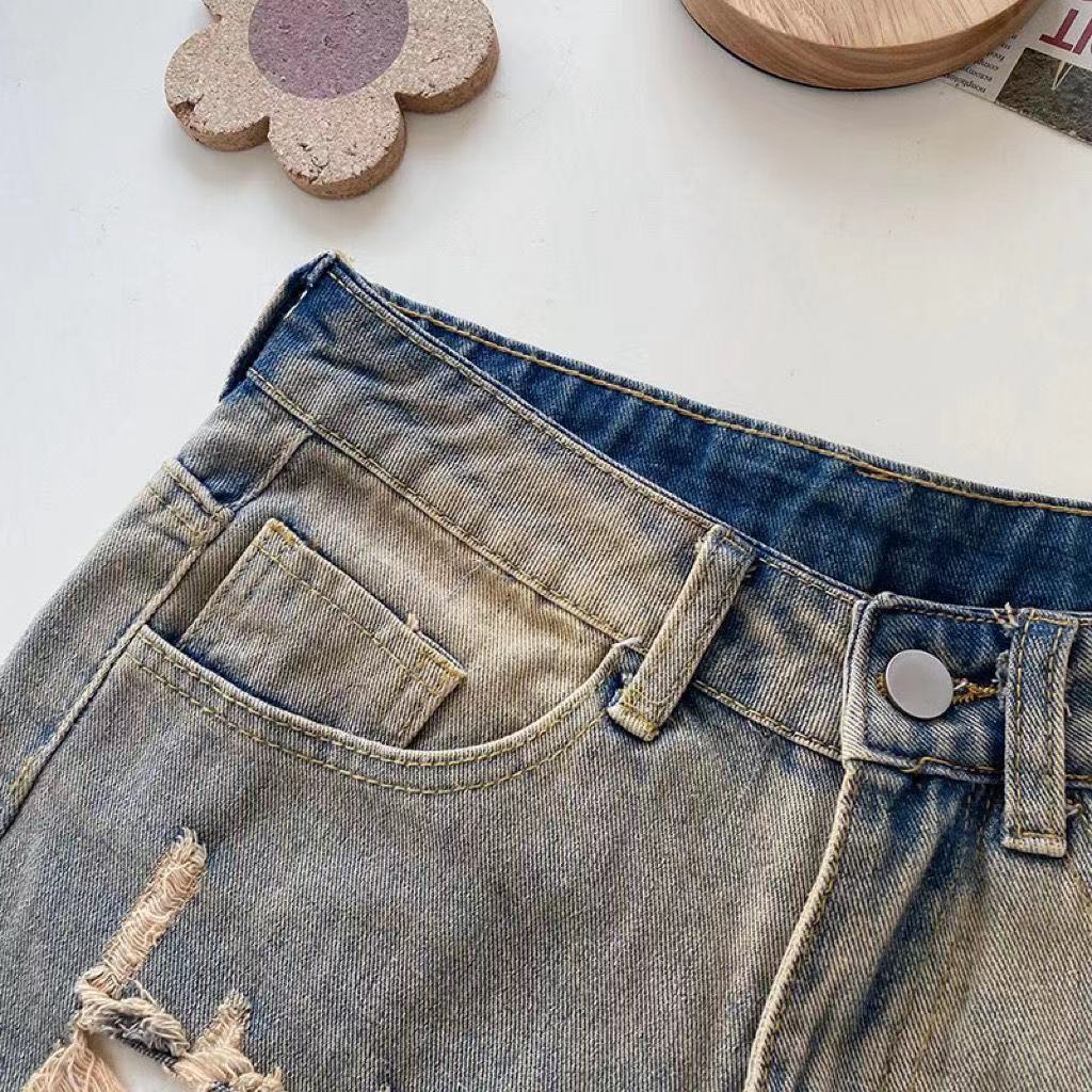 Jiashucheng Quần Short denim Cạp Cao Dáng Suông Rách Phong Cách hip hop Âu Mỹ Dễ Phối Đồ Cho Nam Và Nữ