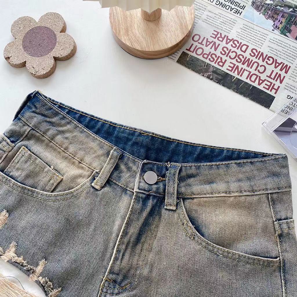 Jiashucheng Quần Short denim Cạp Cao Dáng Suông Rách Phong Cách hip hop Âu Mỹ Dễ Phối Đồ Cho Nam Và Nữ
