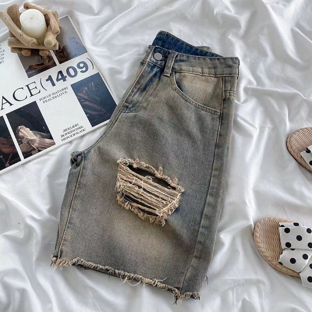 Jiashucheng Quần Short denim Cạp Cao Dáng Suông Rách Phong Cách hip hop Âu Mỹ Dễ Phối Đồ Cho Nam Và Nữ