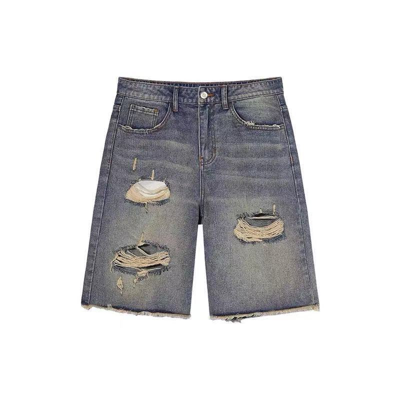 Jiashucheng Quần Short denim Cạp Cao Dáng Suông Rách Phong Cách hip hop Âu Mỹ Dễ Phối Đồ Cho Nam Và Nữ