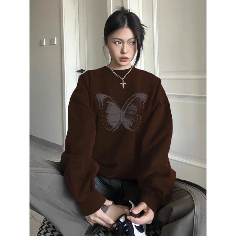 Áo Thun Tay Dài Cổ Tròn Chất Vải Dày Dặn Màu Bạc Phong Cách retro Mỹ Thời Trang Mùa Thu Cho Nữ