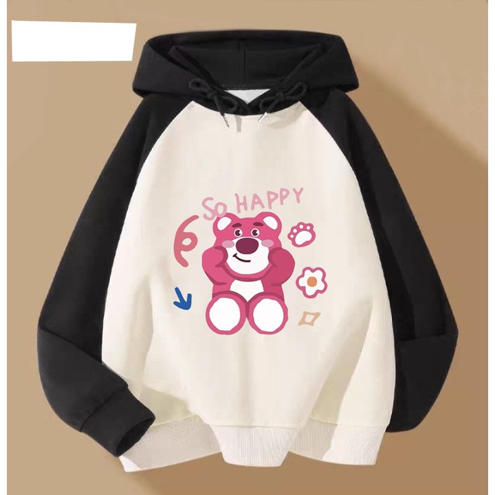 Áo hoodie gấu dâu so happy cho bé gái phom rộng chất nỉ size từ 9 đến 65kg