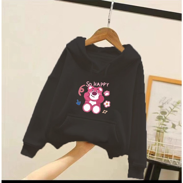 Áo hoodie gấu dâu so happy cho bé gái phom rộng chất nỉ size từ 9 đến 65kg