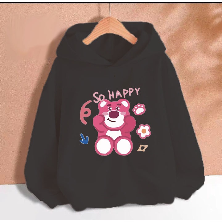 Áo hoodie gấu dâu so happy cho bé gái phom rộng chất nỉ size từ 9 đến 65kg