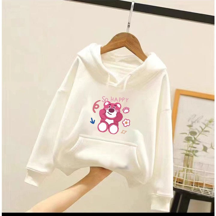 Áo hoodie gấu dâu so happy cho bé gái phom rộng chất nỉ size từ 9 đến 65kg