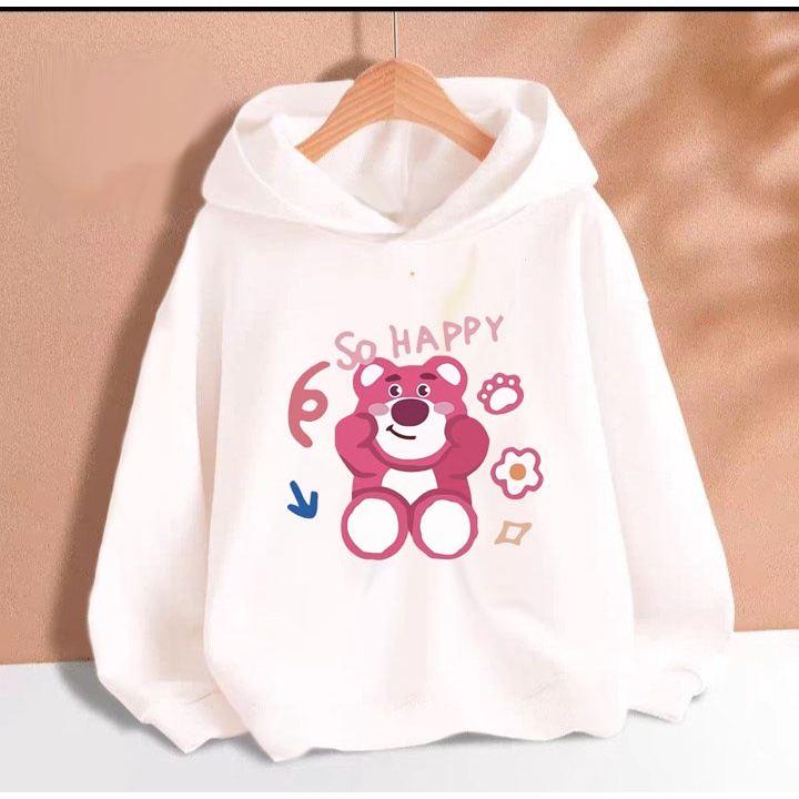 Áo hoodie gấu dâu so happy cho bé gái phom rộng chất nỉ size từ 9 đến 65kg
