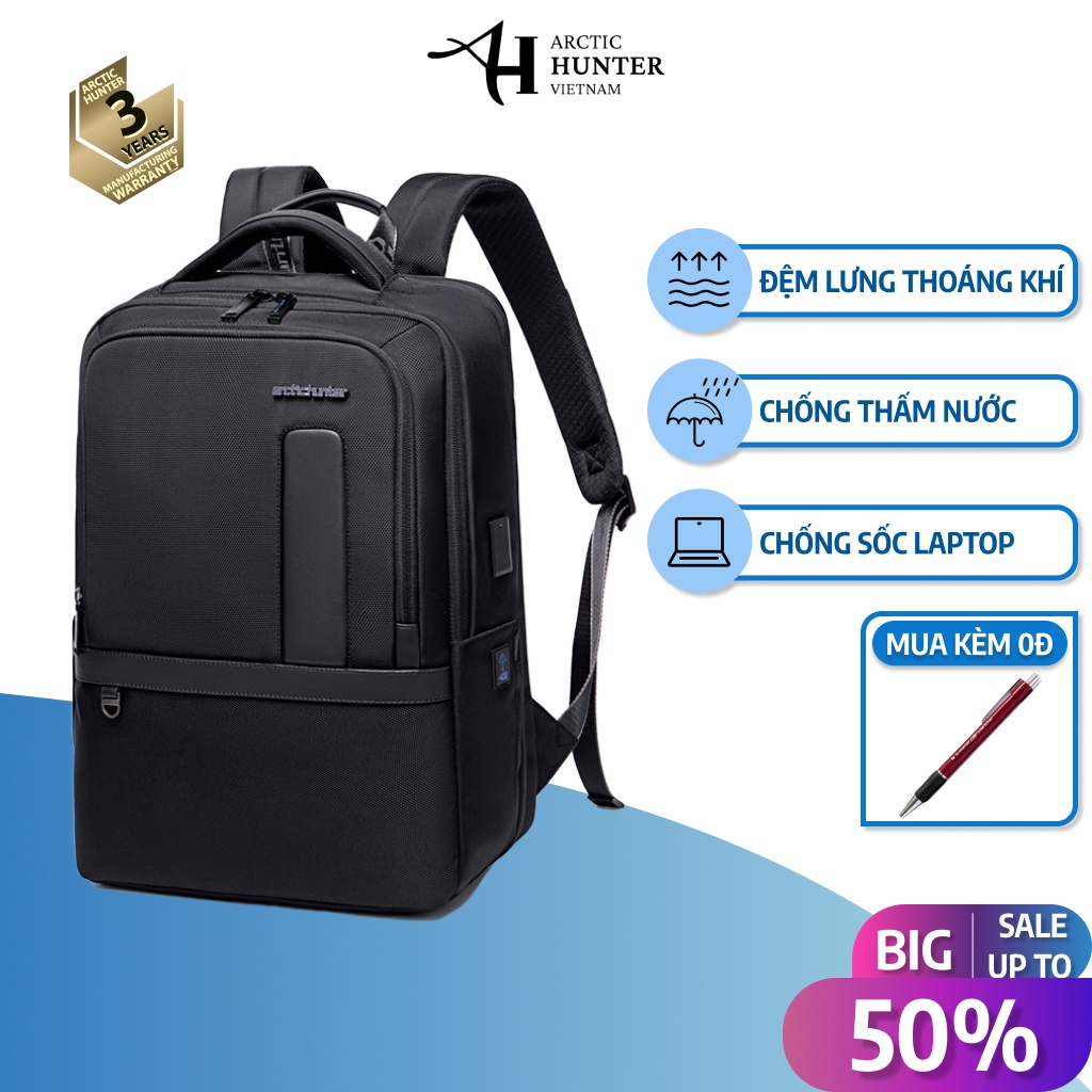 Balo laptop Arctic Hunter B00490 nhiều ngăn tiện lợi, chống sốc 15.6 inch, vải Oxford chống nước, có cổng sạc USB
