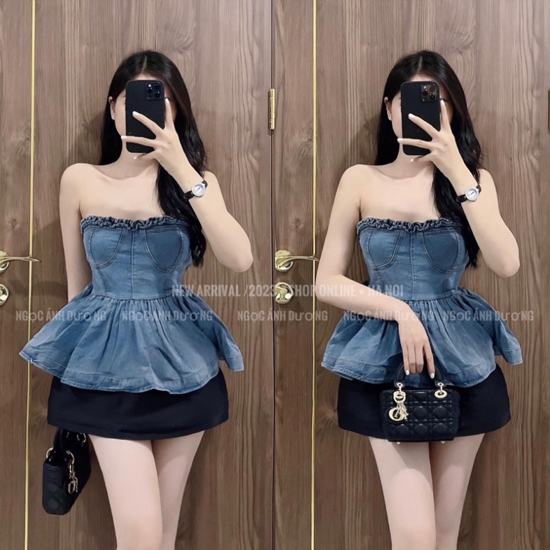 Áo cúp ngực bò jean, áo ống nữ body xòe mặc hè - G160    ..