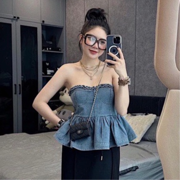 Áo cúp ngực bò jean, áo ống nữ body xòe mặc hè - G160    ..