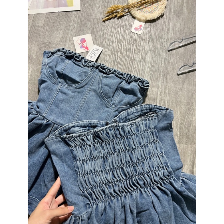 Áo cúp ngực bò jean, áo ống nữ body xòe mặc hè - G160    ..