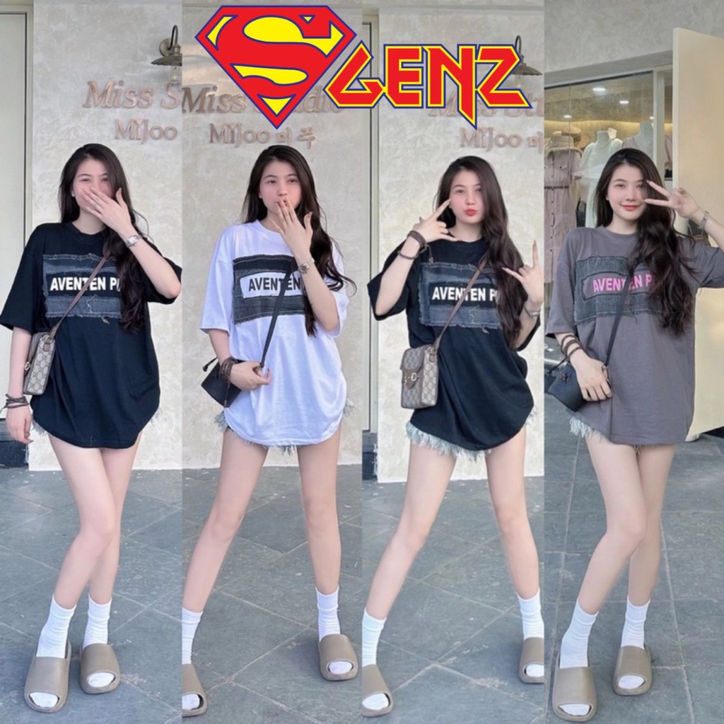 Áo thun tay lỡ unisex  Aventen Pin Phối Vải Bò Cá Tính SUPERGENZ SUPERGENZ - Áo phông nam nữ unisex form rộng ulzzang