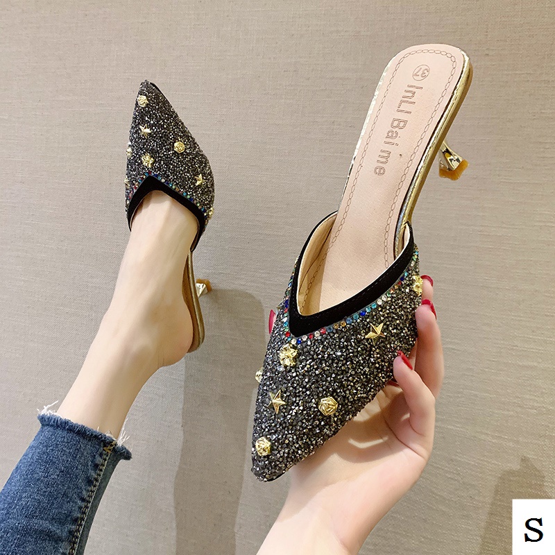 Dép Cao Gót Mũi Nhọn Đính Đinh Tán Thời Trang Mùa Hè Mới 2022 Cho Nữ