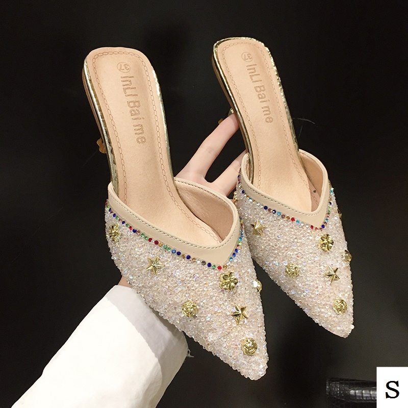 Dép Cao Gót Mũi Nhọn Đính Đinh Tán Thời Trang Mùa Hè Mới 2022 Cho Nữ