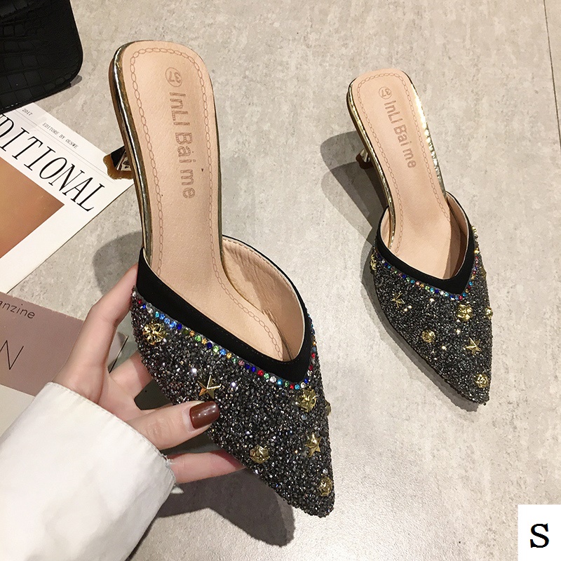 Dép Cao Gót Mũi Nhọn Đính Đinh Tán Thời Trang Mùa Hè Mới 2022 Cho Nữ