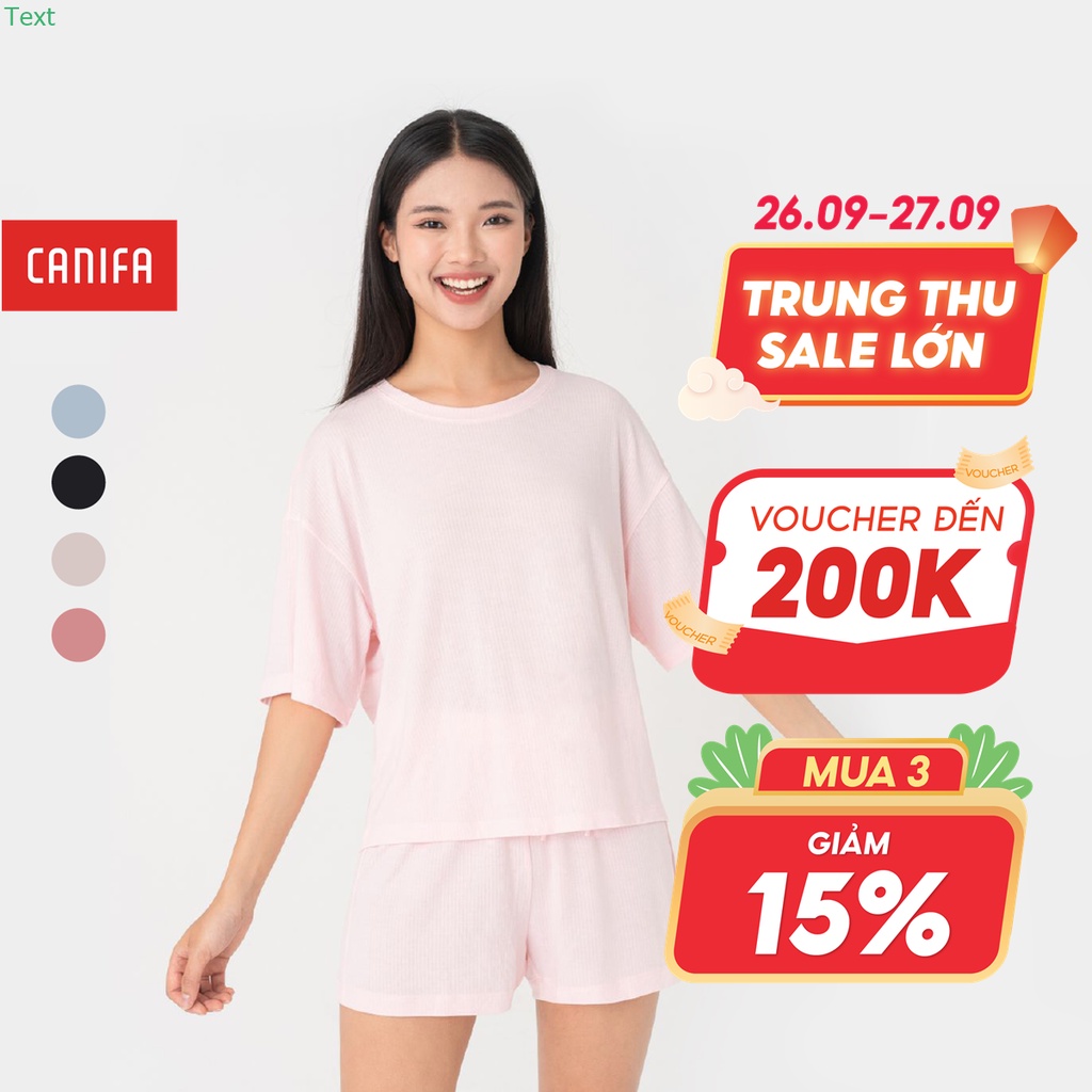Bộ quần áo nữ CANIFA chất liệu polyester pha, cổ tim tròn tay cộc, quần soóc cạp chun 6LS23S007