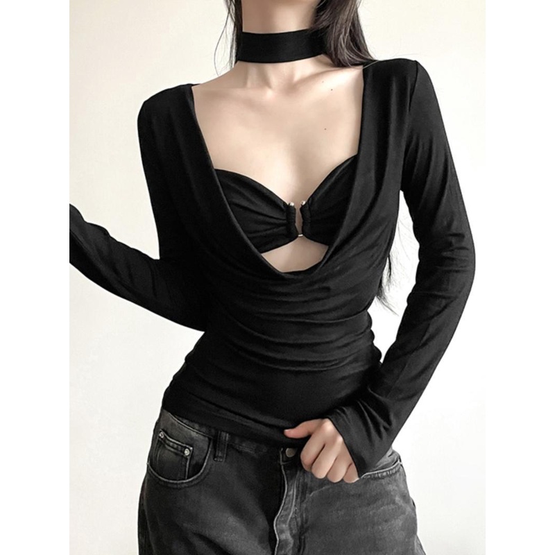 Áo Thun Tay Dài Cổ Thấp Dây Mảnh Phong Cách Mới Mùa Thu