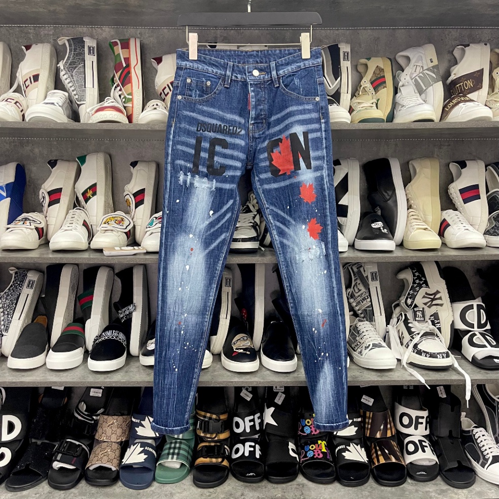 Quần jean bò nam Dsq2 biker slimfit xanh mài nhăn 3D in sơn chữ ICON 3 lá phong đỏ đùi boy phố QJ329P