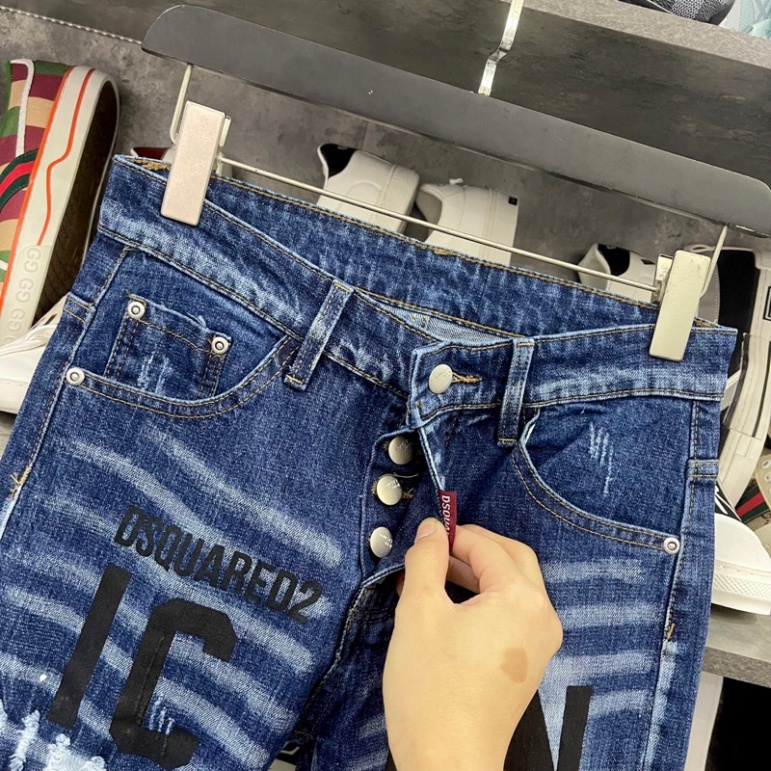 Quần jean bò nam Dsq2 biker slimfit xanh mài nhăn 3D in sơn chữ ICON 3 lá phong đỏ đùi boy phố QJ329P